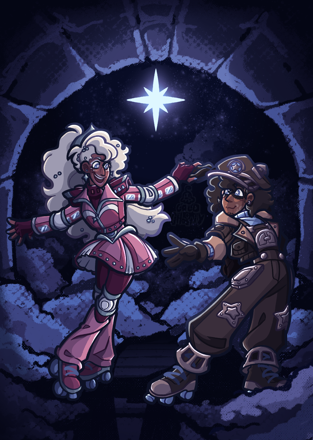 Pearl and Rusty dance together in a train tunel to celebrate Rusty's championship win, they are lit only by a single shining star.